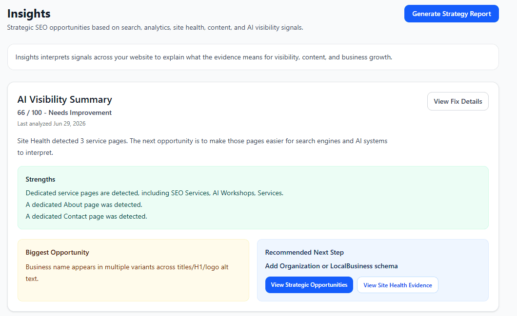 Insights page showing AI Visibility summary, strengths, opportunity, and recommended next step.