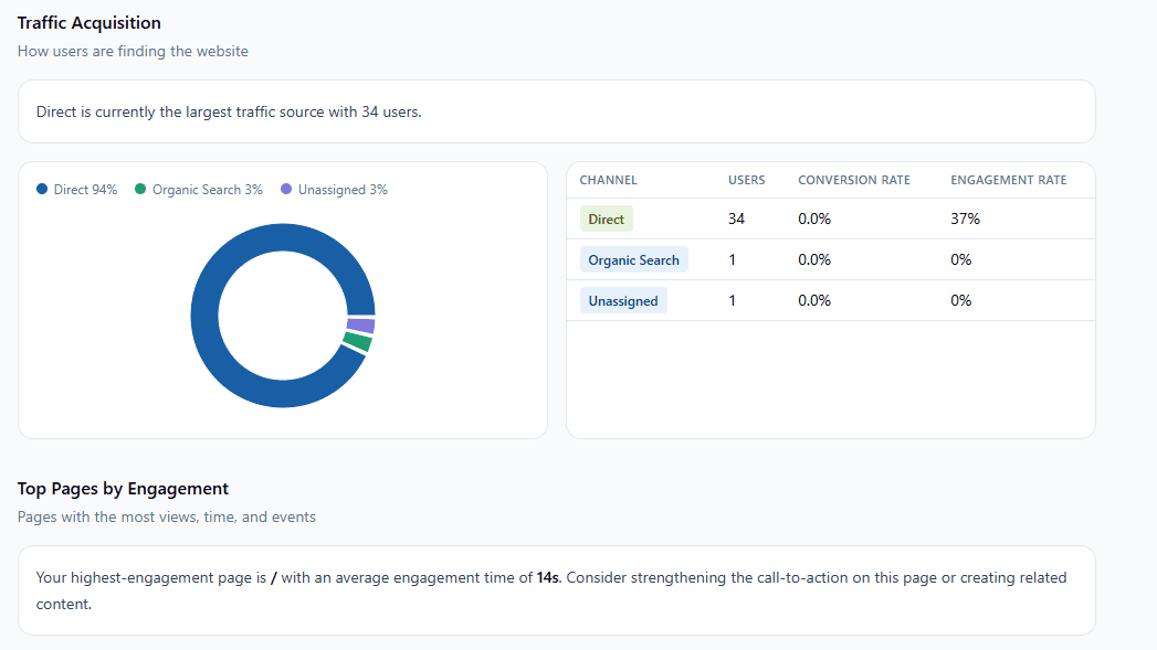 Traffic Acquisition report showing visitor channels and channel performance.